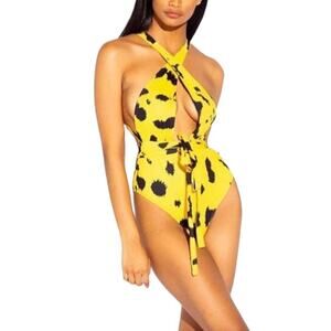 Yellow Black Leopard Print Womens Padded Multi Way Monokini One Piece Swimsuit M